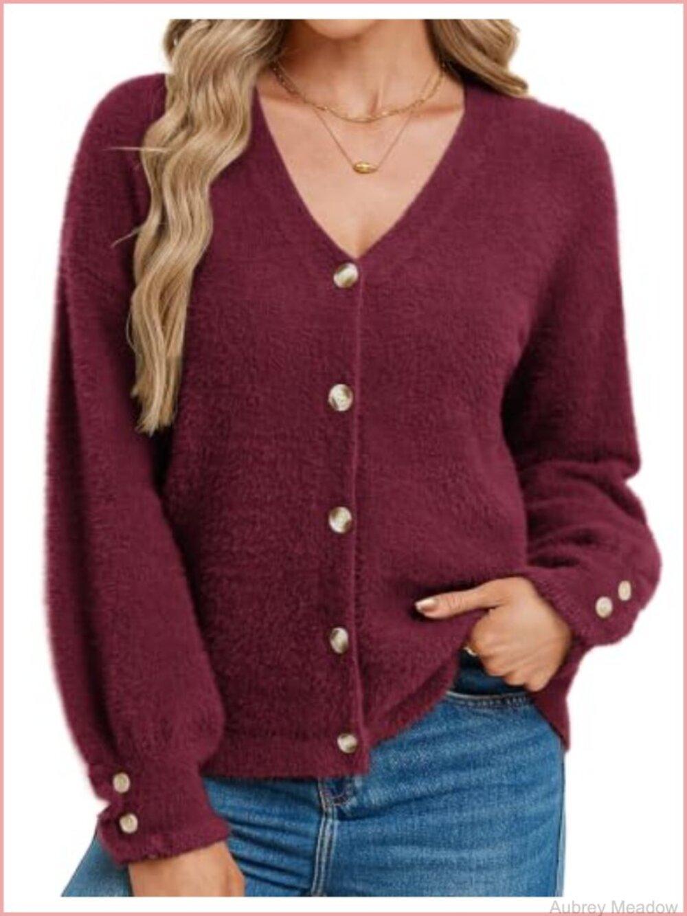 Wool Blend Chunky Fuzzy Cardigan Button V-Neck Fall Layering Sweater